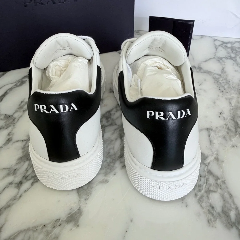 Prada Women White Leather Low Top Sneakers Black Heel Tab 1E621M Size US7